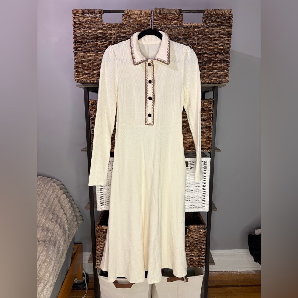 Commense contrast trim waffle long sleeve flowy dress - Picture 3 of 7